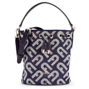 Furla Clio Mini Monogram Denim Drawcord Bucket Bag Navy NWT w/ Dustbag MSRP $750